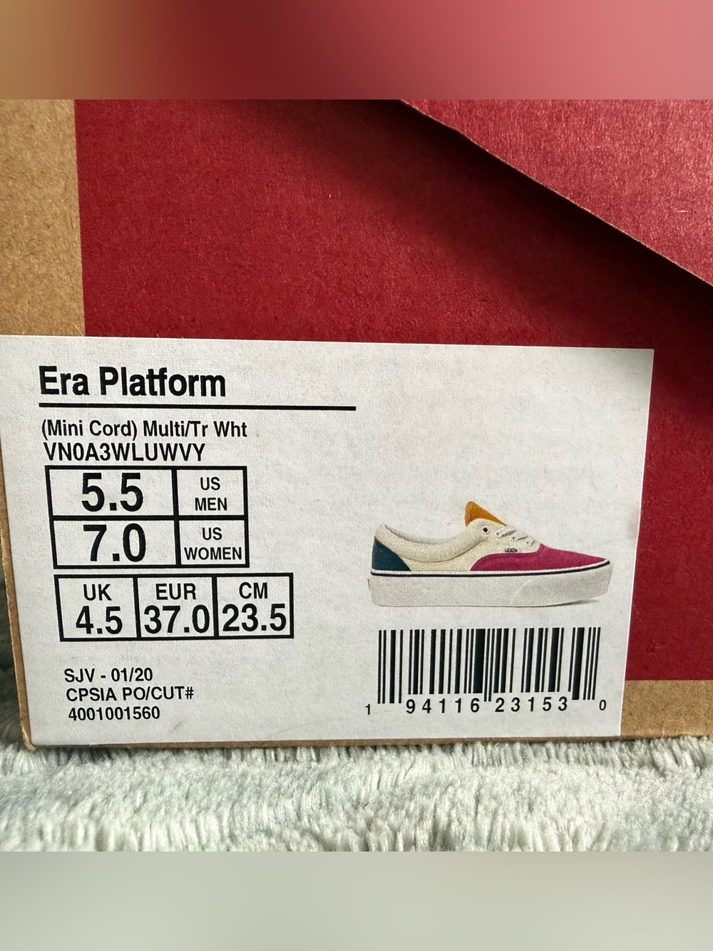 Vans Era Platform Mini Cord Multi/Tr White Women's Colorblock Sneakers.